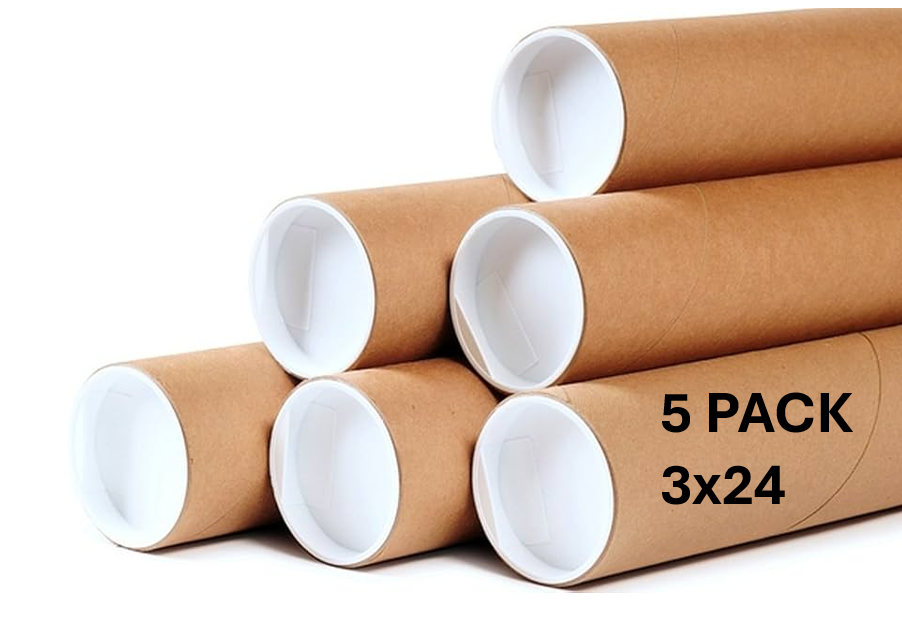 5 PACK - KRAFT MAILING TUBES w/ END CAPS | 3x24" | .070" thick