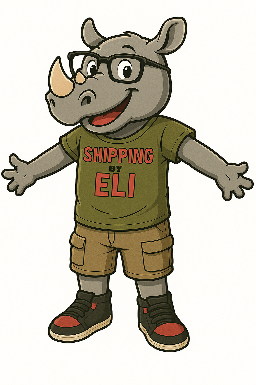 Cartoon rhino character wearing glasses, a green shirt with 'SHIPPING BY ELI', and brown shorts on a white background.
